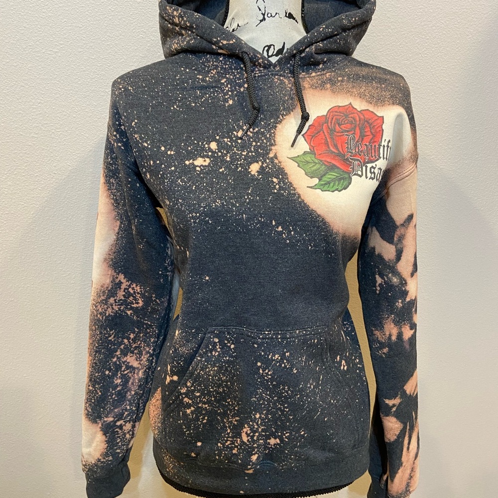 Bleach Tie Dye Rose Skeleton Skull Hoodie Custom Sweatshirt Pullover Navy Small - Picture 2 of 11